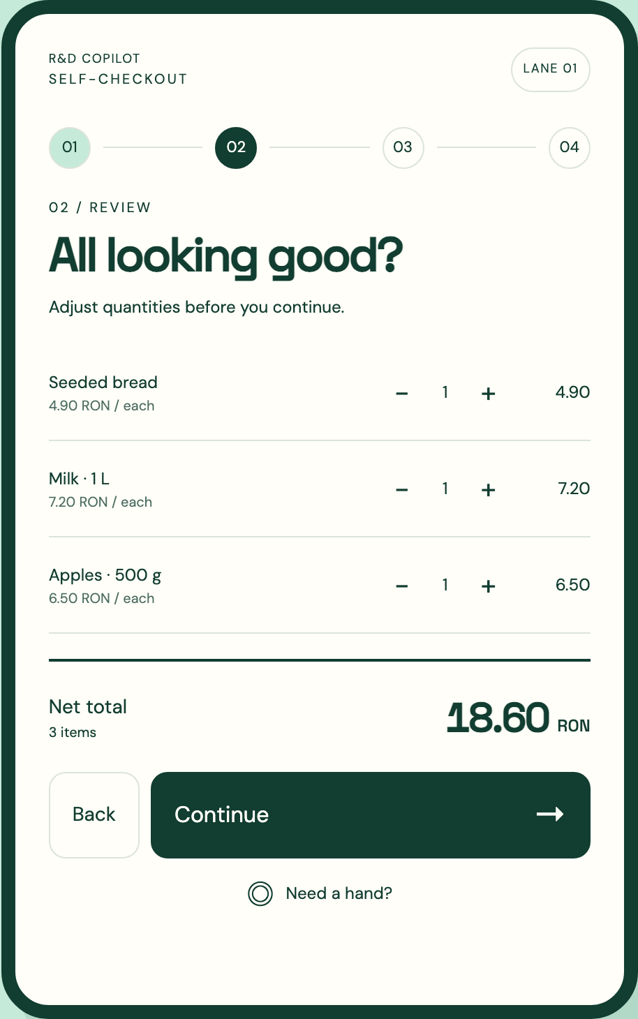Captured self-checkout interface showing the review step, three grocery items, quantity controls and an 18.60 RON net total.