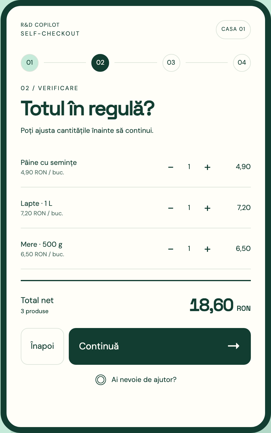 Captură a interfeței self-checkout la verificarea coșului, cu trei produse, ajustarea cantităților și totalul net de 18,60 RON.